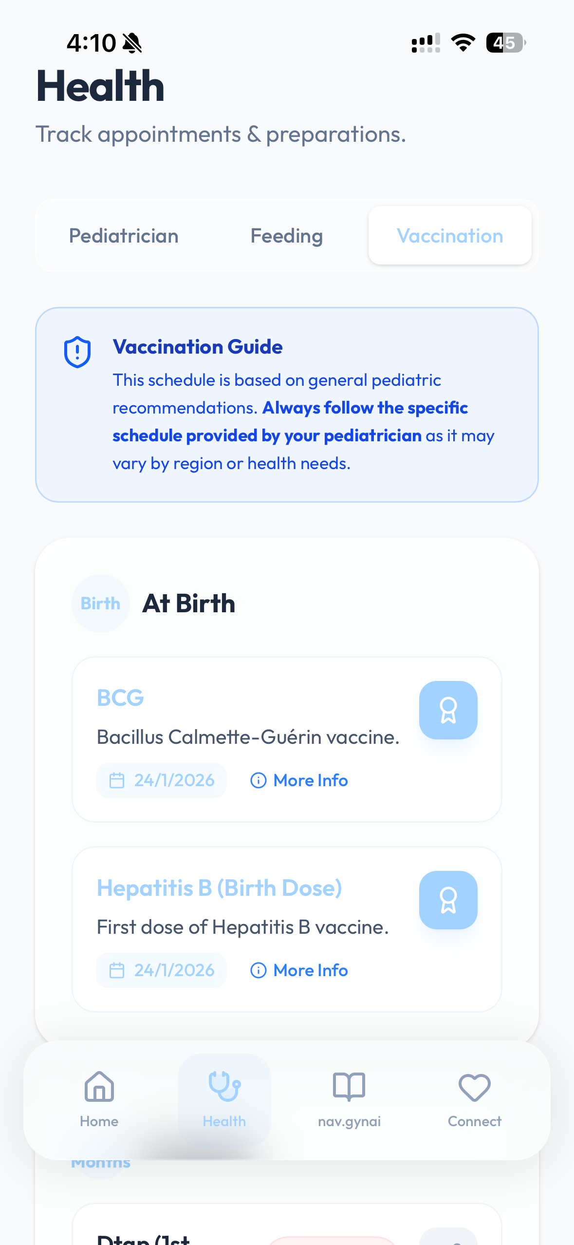 Vaccination Log Screen